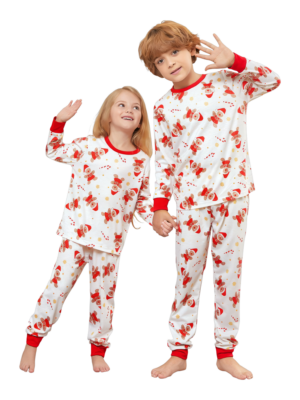 Superb white pyjamas with christmas motifs for all the family matching adults and kids pyjamas soft red cuffs festive sleepwear