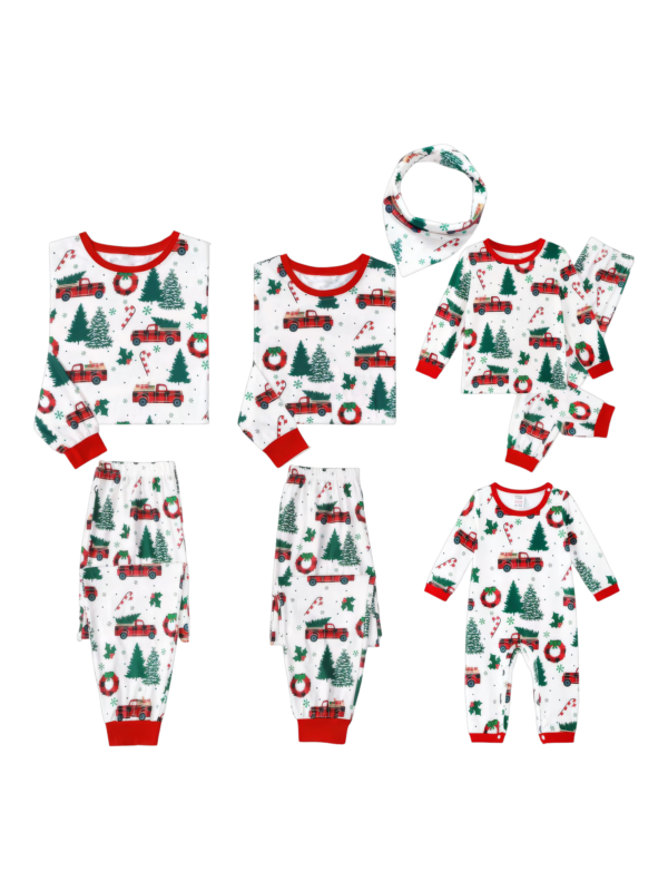 Superb white pyjamas with Christmas trees red trucks motifs for all the family
