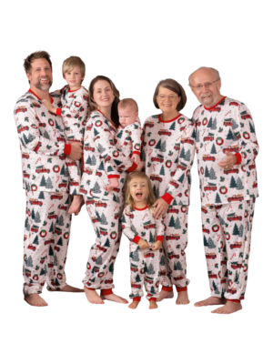 Superb white pyjamas with Christmas trees red trucks motifs for all the family