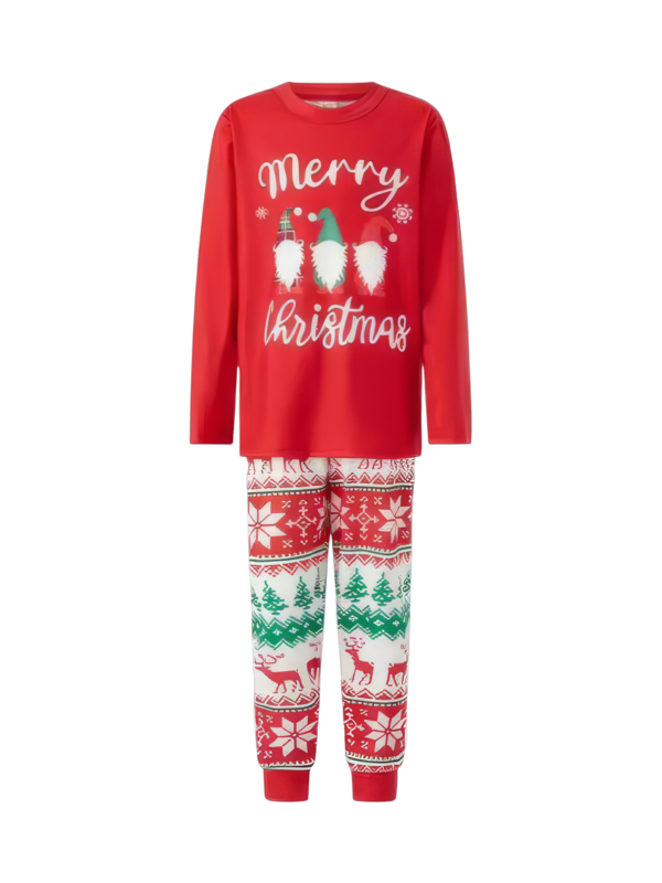 3 bearded elves with “Merry Christmas” print, red, patterns on pants